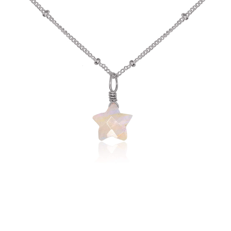 Crystal Star Pendant Necklace - Rainbow Moonstone - Stainless Steel Satellite - Luna Tide Handmade Jewellery