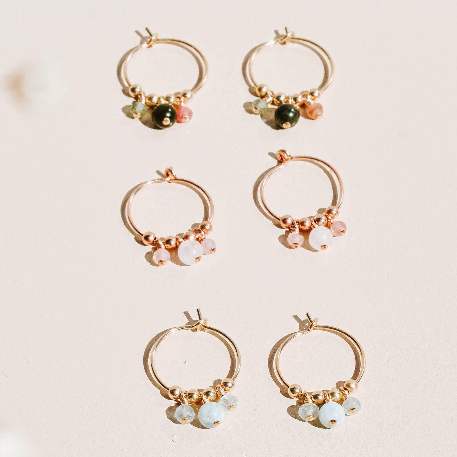 Custom Gemstone Bead Drop Hoop Earrings - Custom Gemstone Bead Drop Hoop Earrings - 14k Gold Fill / 15mm - Luna Tide Handmade Crystal Jewellery