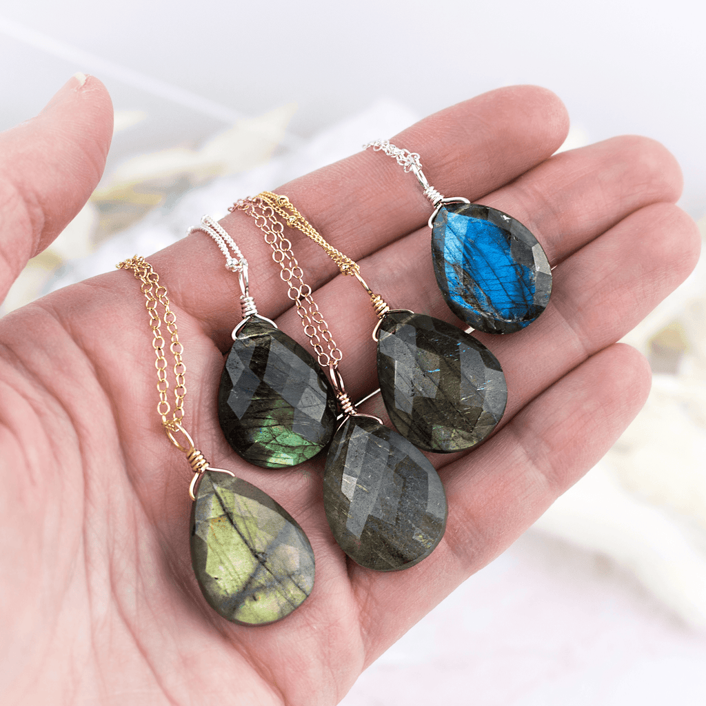Custom Large Faceted Teardrop Crystal Pendant Necklace - Custom Large Faceted Teardrop Crystal Pendant Necklace - 14k Gold Fill / 35cm (14") - Choker / Cable - Luna Tide Handmade Crystal Jewellery