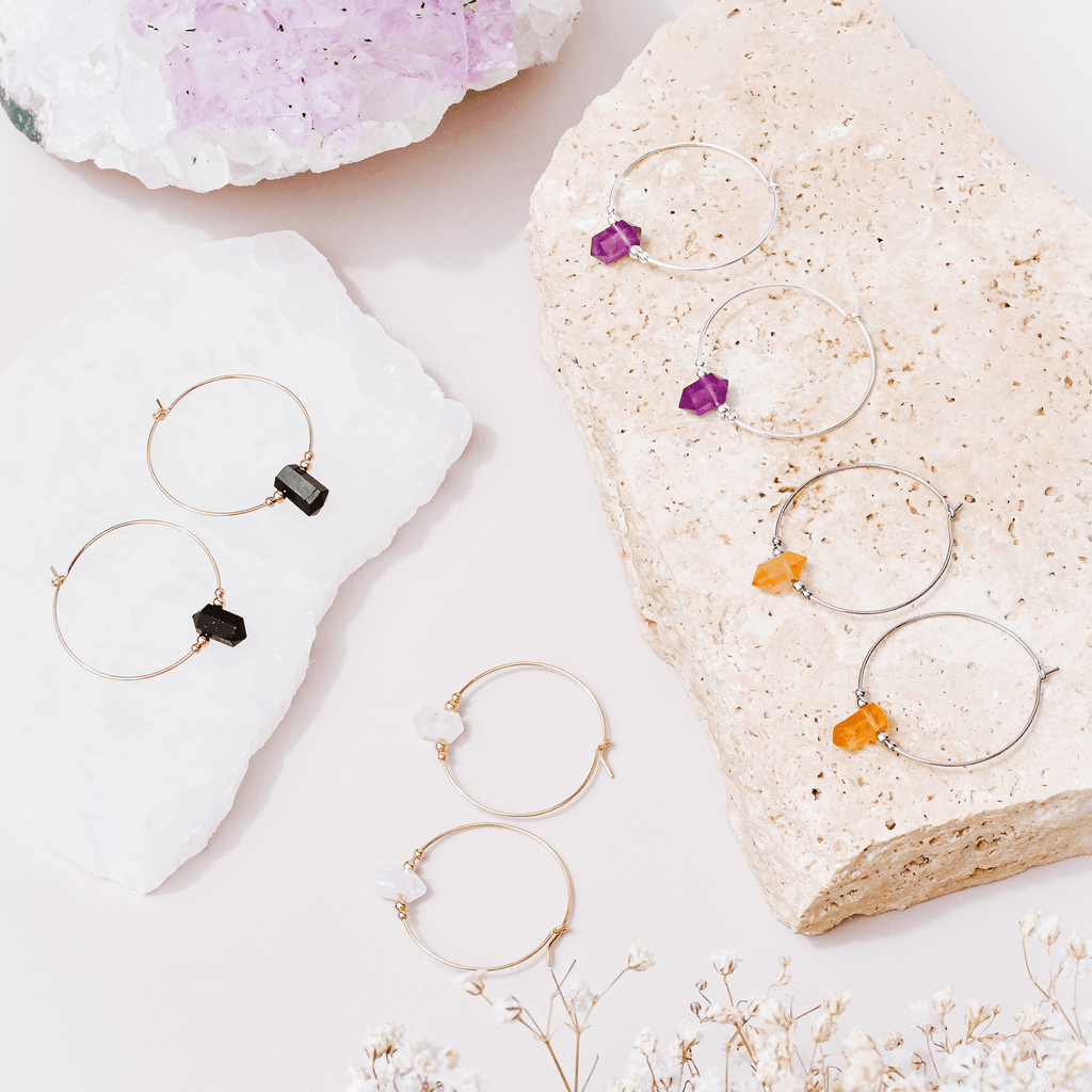 Custom Large Hoop Double Terminated Crystal Point Earrings - Custom Large Hoop Double Terminated Crystal Point Earrings - 14k Gold Fill / 20mm - Luna Tide Handmade Crystal Jewellery