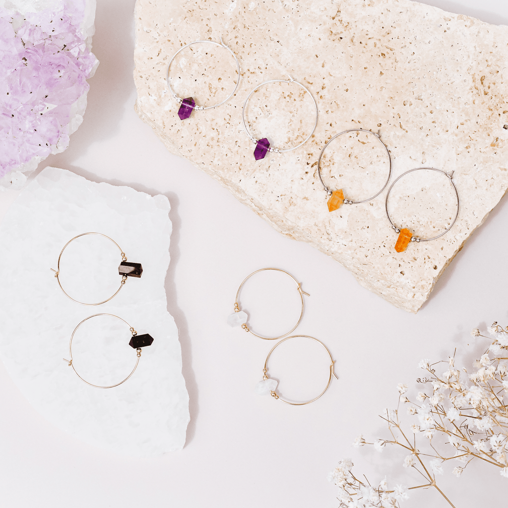 Custom Large Hoop Double Terminated Crystal Point Earrings - Custom Large Hoop Double Terminated Crystal Point Earrings - 14k Gold Fill / 20mm - Luna Tide Handmade Crystal Jewellery