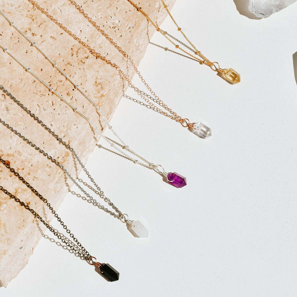 Double Terminated Crystal Pendant Necklace - Bronze - Stainless Steel - Sterling Silver - 14K Rose Gold Fill - 14K Gold Fill - Luna Tide Handmade Jewellery