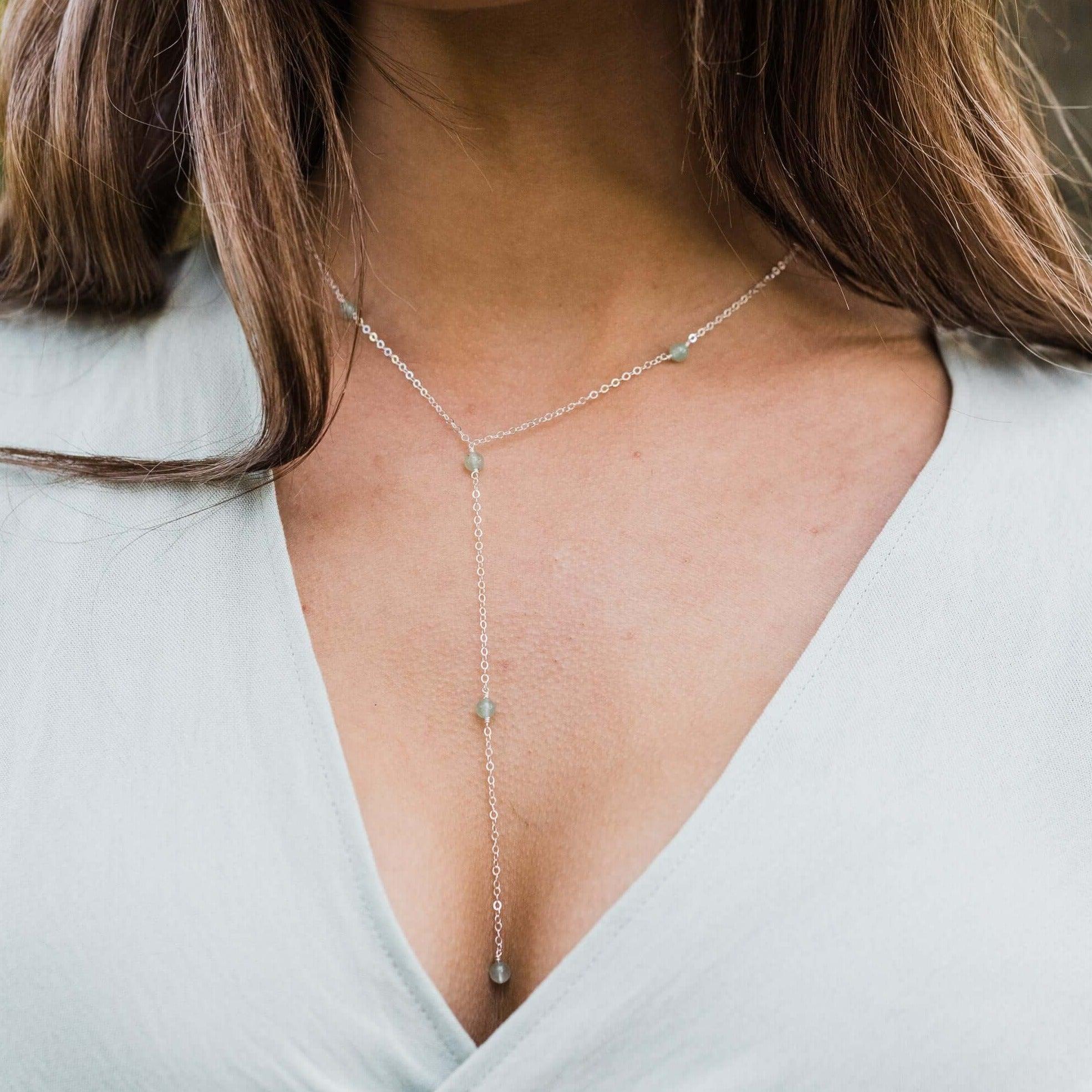 Dainty Aventurine Lariat Necklace - Dainty Aventurine Lariat Necklace - Sterling Silver - Luna Tide Handmade Crystal Jewellery