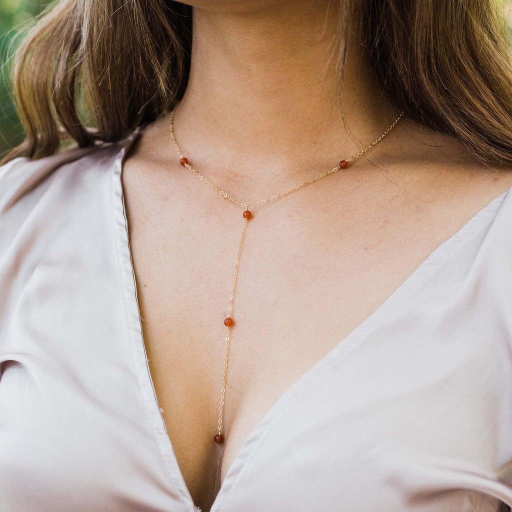 Dainty Carnelian Lariat Necklace - Dainty Carnelian Lariat Necklace - 14k Gold Fill - Luna Tide Handmade Crystal Jewellery
