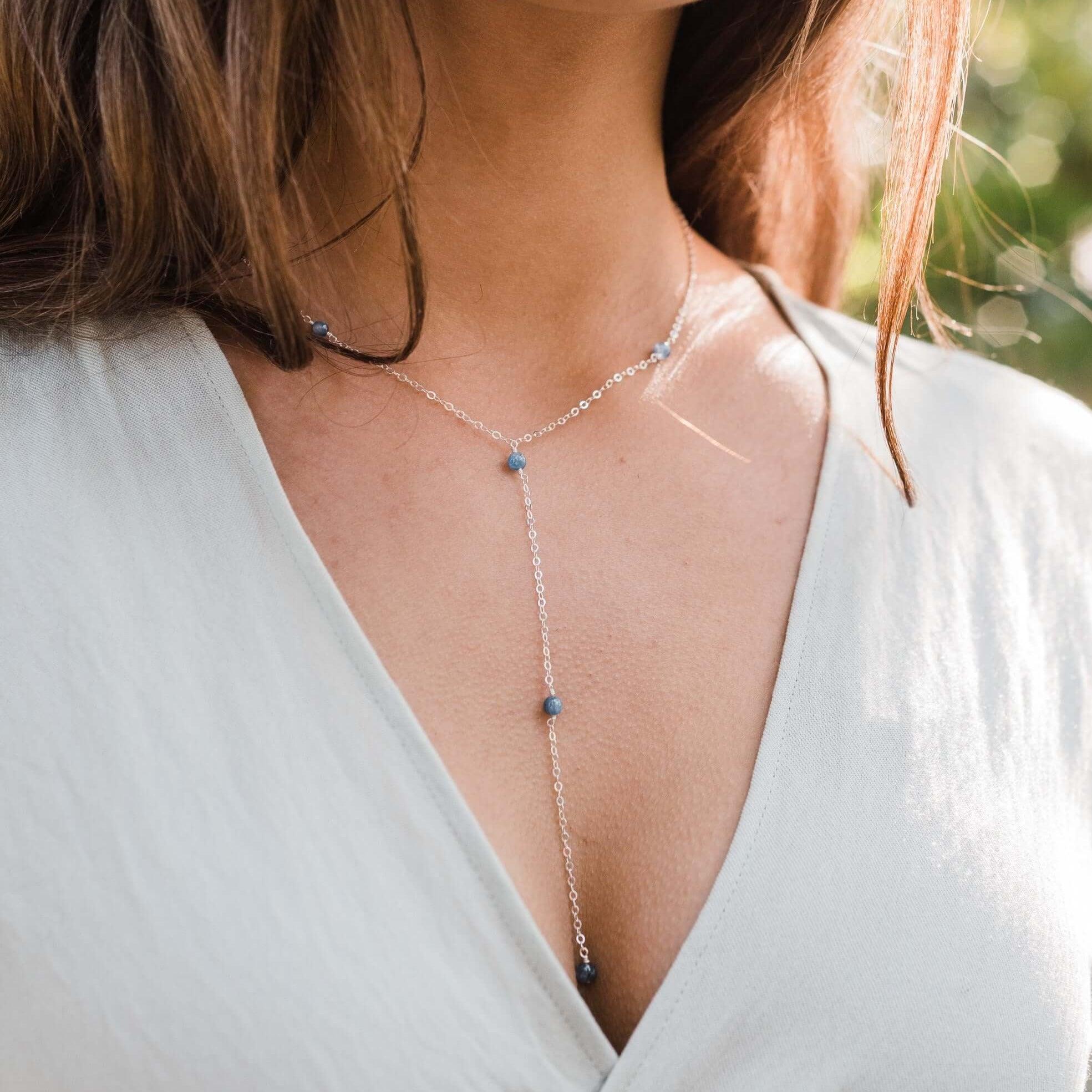 Dainty Kyanite Lariat Necklace - Dainty Kyanite Lariat Necklace - Sterling Silver - Luna Tide Handmade Crystal Jewellery