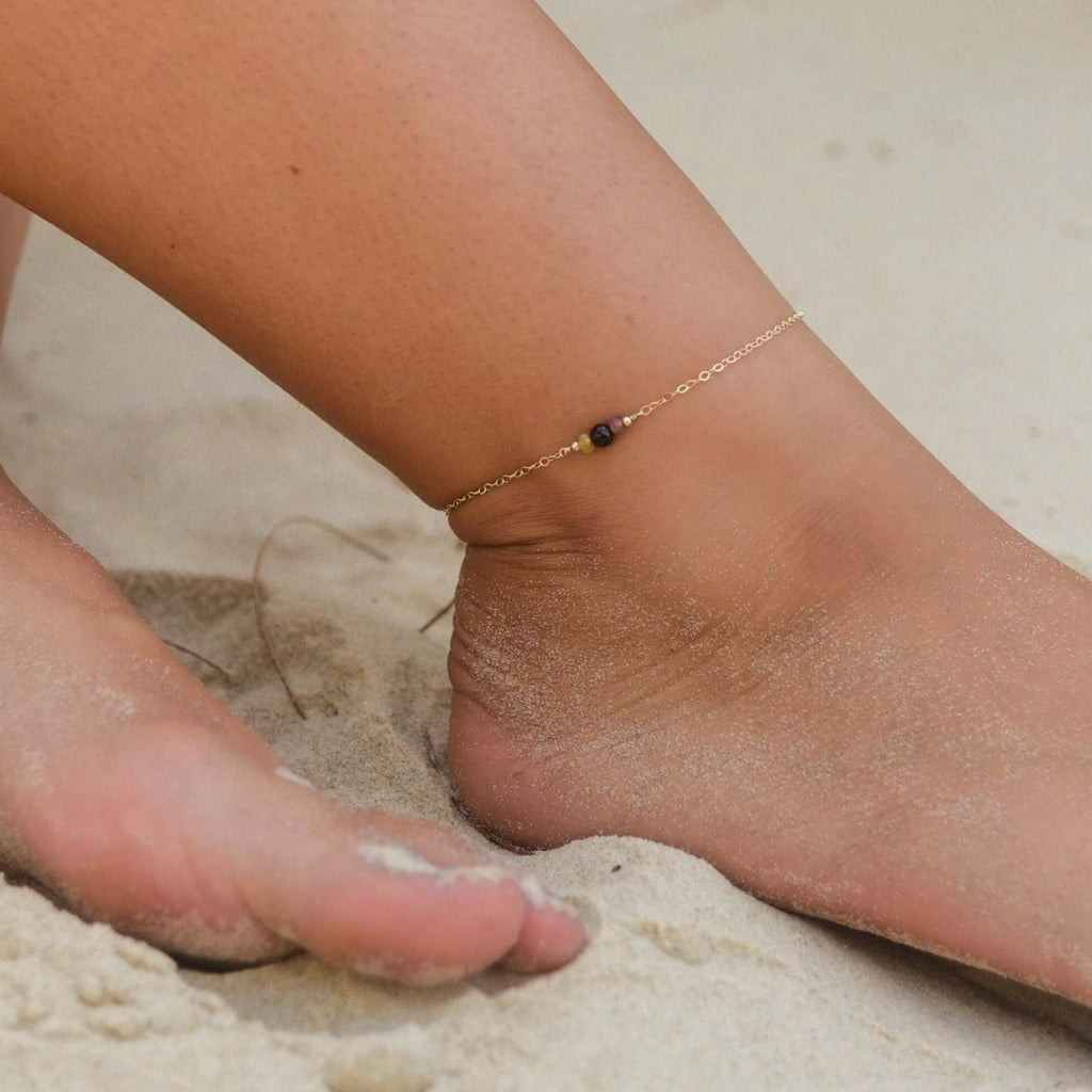 Dainty Multicoloured Tourmaline Gemstone Anklet - Dainty Multicoloured Tourmaline Gemstone Anklet - 14k Gold Fill - Luna Tide Handmade Crystal Jewellery