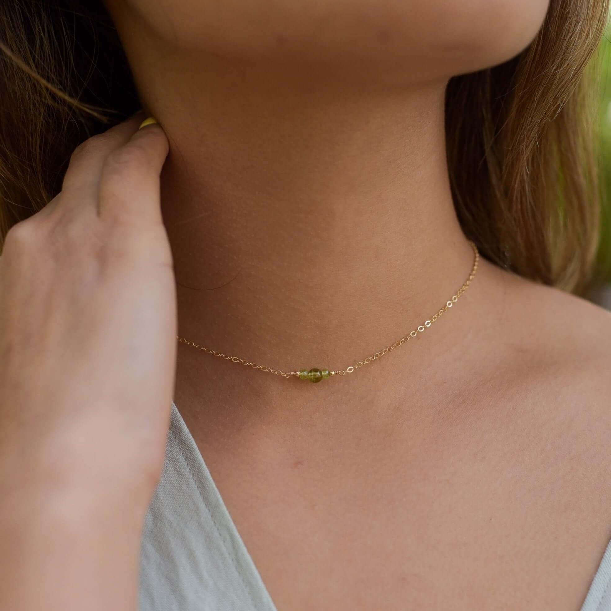 Dainty Peridot Gemstone Choker Necklace - Dainty Peridot Gemstone Choker Necklace - 14k Gold Fill - Luna Tide Handmade Crystal Jewellery