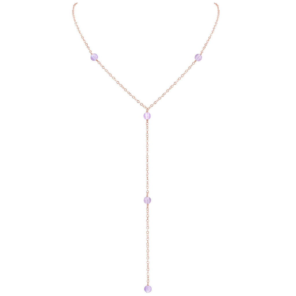 Dainty Pink Amethyst Gemstone Lariat Necklace - Dainty Pink Amethyst Gemstone Lariat Necklace - 14k Rose Gold Fill - Luna Tide Handmade Crystal Jewellery