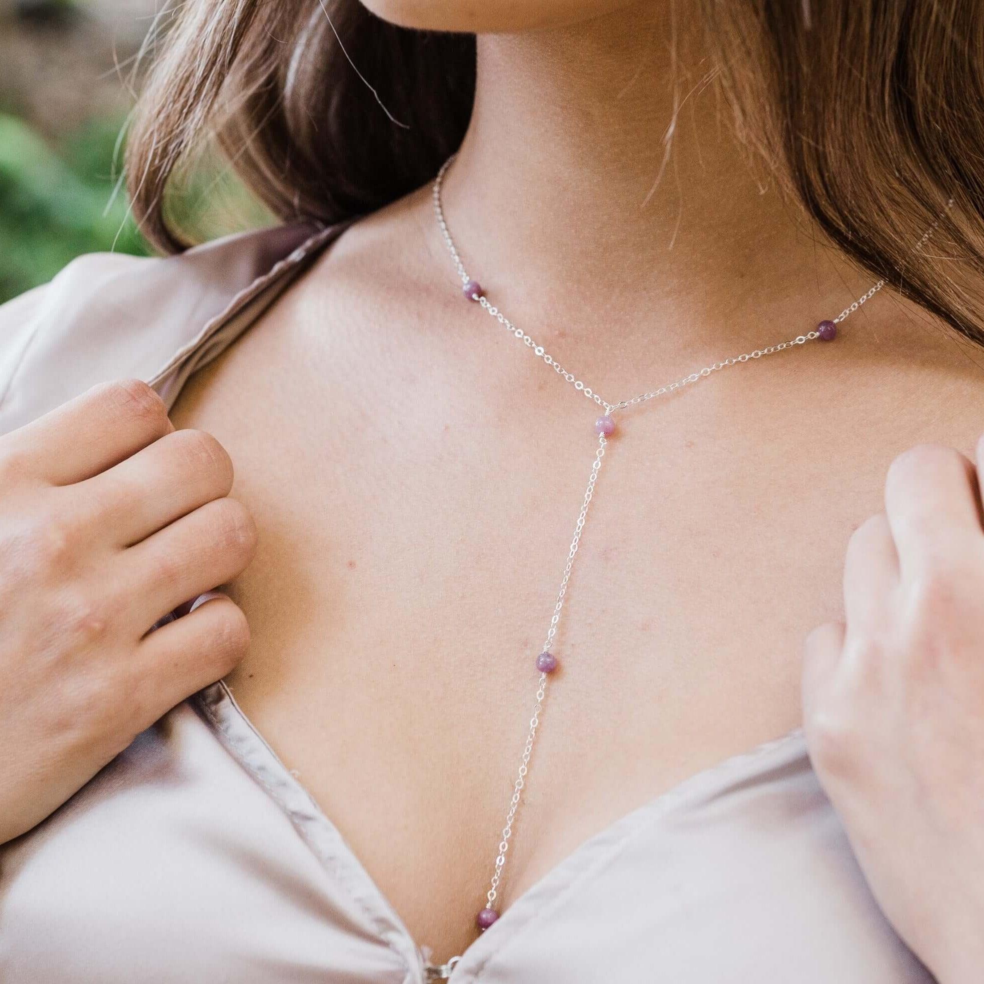 Dainty Ruby Lariat Necklace - Dainty Ruby Lariat Necklace - Sterling Silver - Luna Tide Handmade Crystal Jewellery