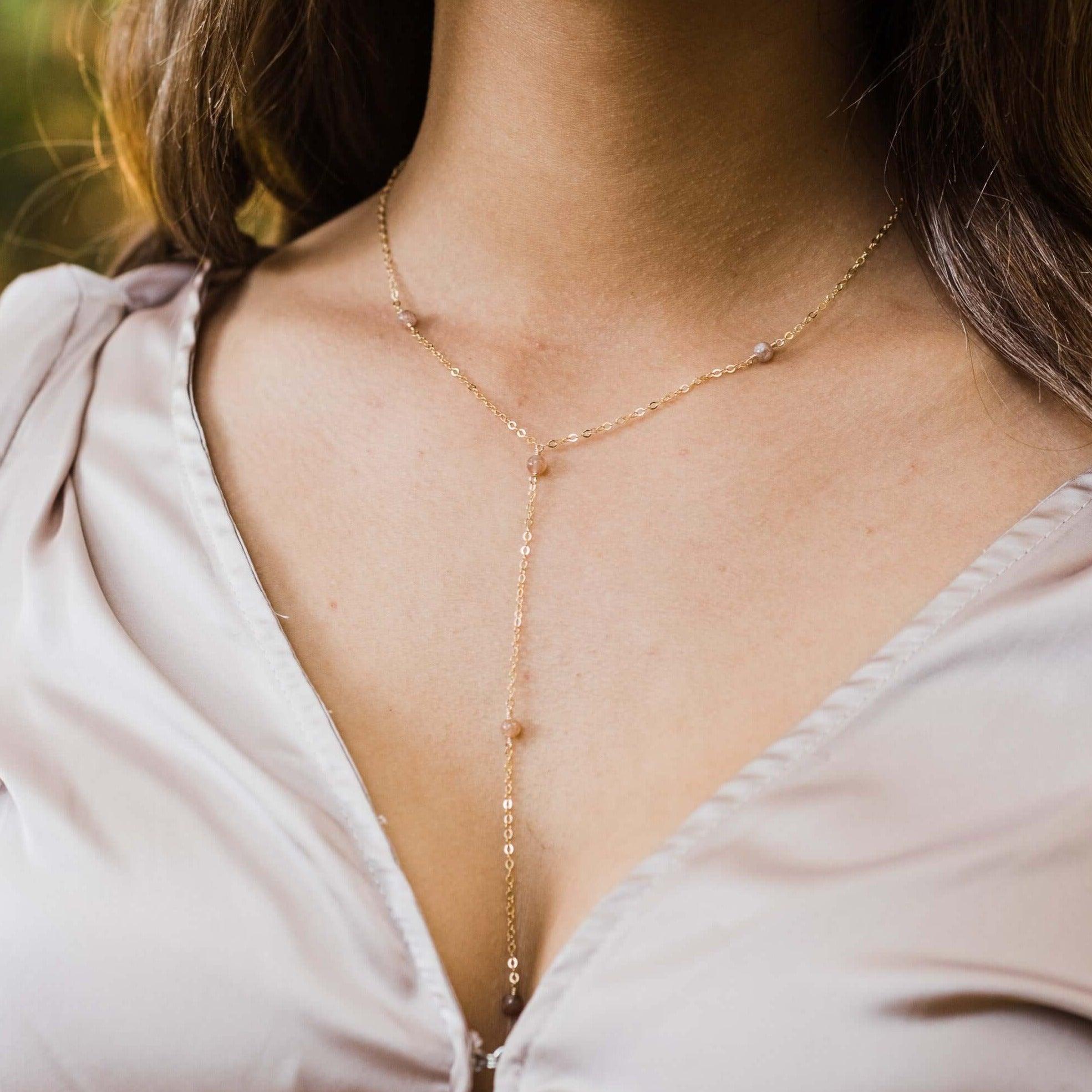 Dainty Sunstone Lariat Necklace - Dainty Sunstone Lariat Necklace - 14k Gold Fill - Luna Tide Handmade Crystal Jewellery