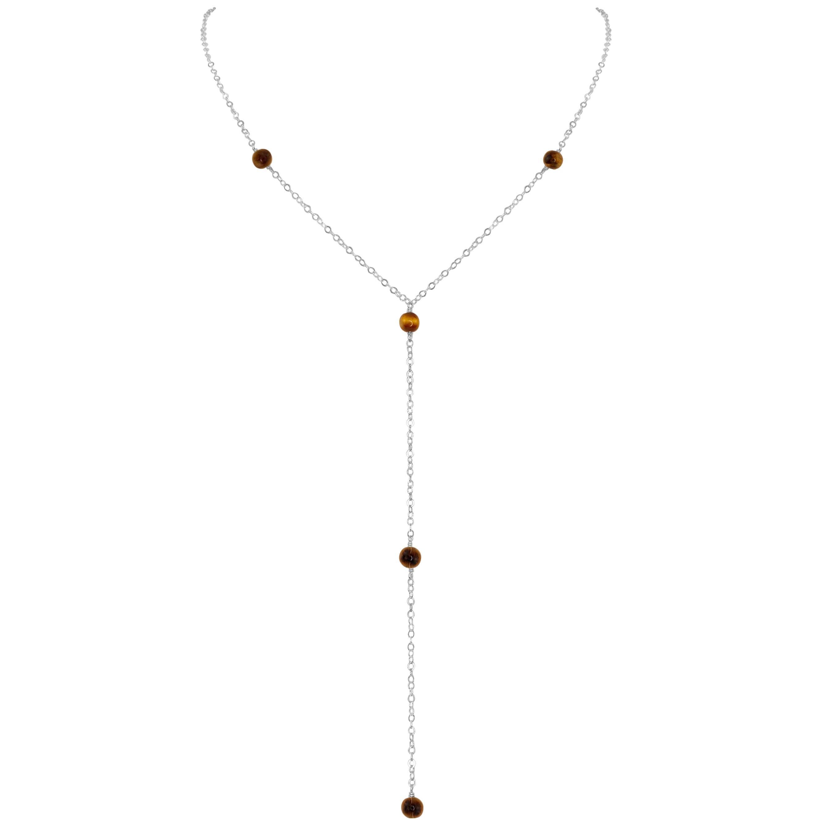 Dainty Tiger's Eye Gemstone Lariat Necklace - Dainty Tiger's Eye Gemstone Lariat Necklace - Sterling Silver - Luna Tide Handmade Crystal Jewellery