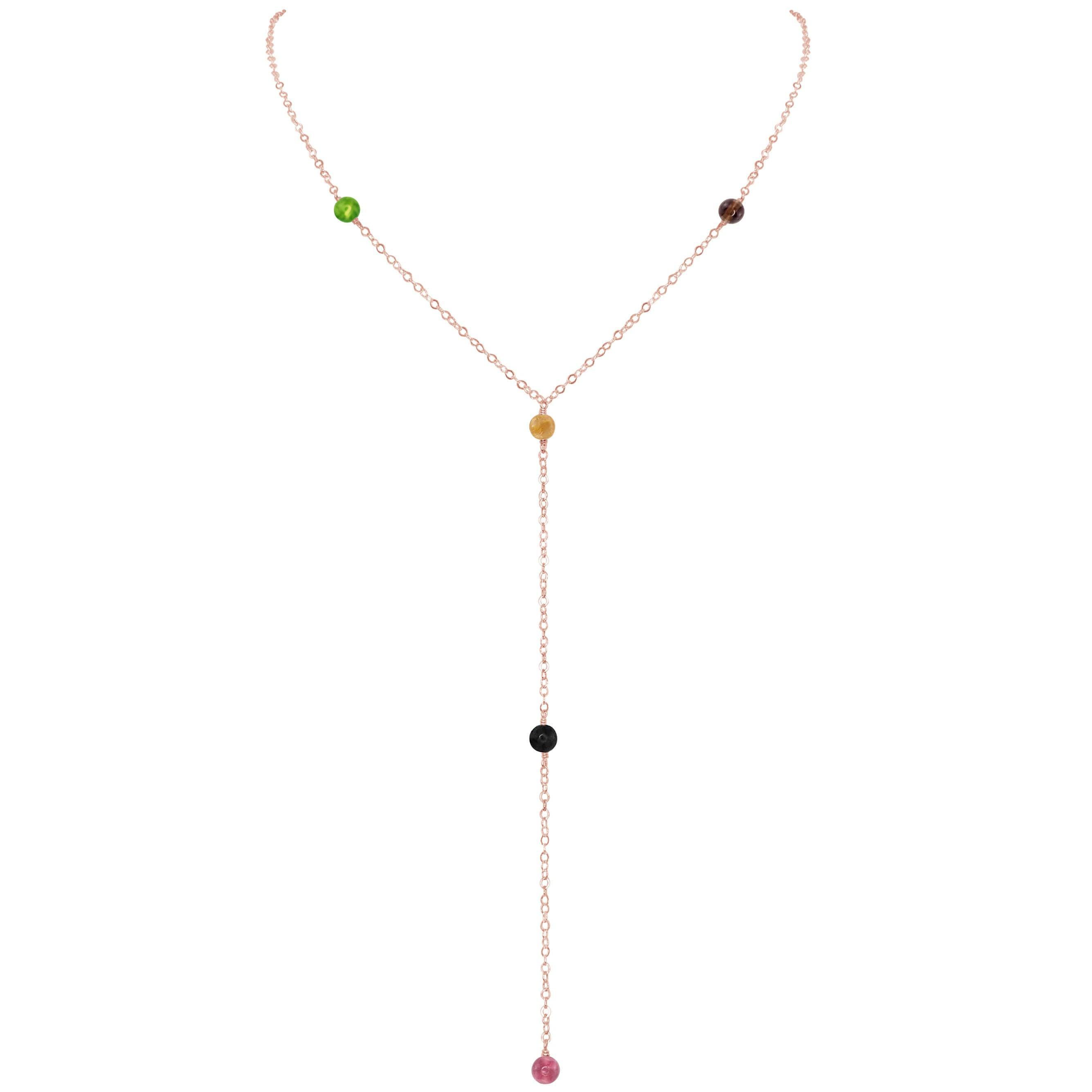 Dainty Tourmaline Lariat Necklace - Dainty Tourmaline Lariat Necklace - 14k Rose Gold Fill - Luna Tide Handmade Crystal Jewellery