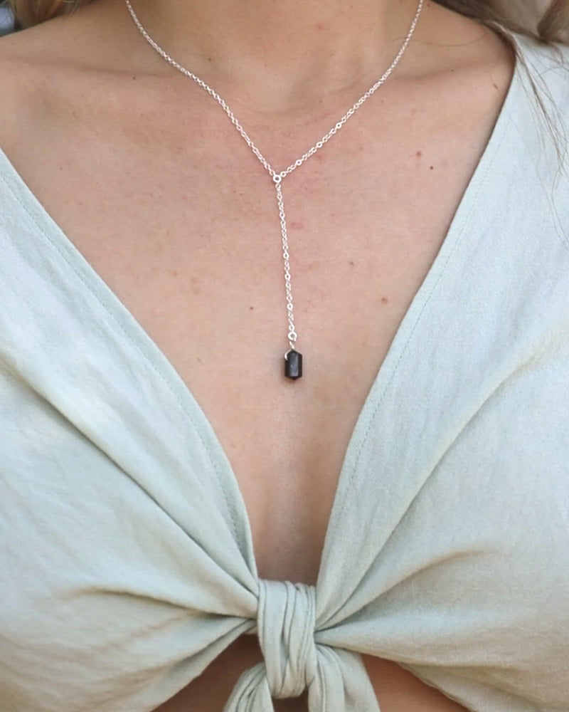 Black Tourmaline Double Terminated Mini Crystal Point Lariat Necklace