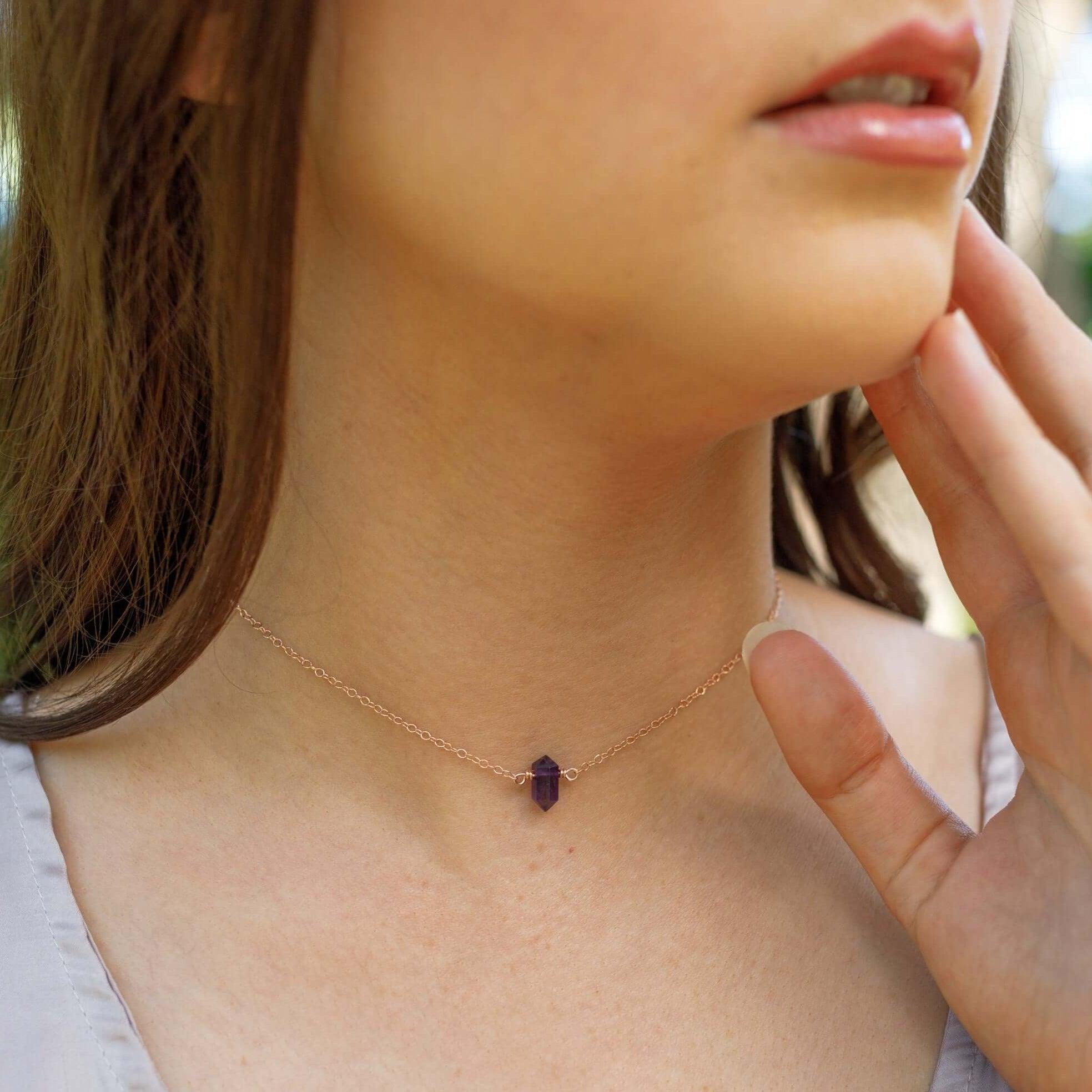 Double Terminated Amethyst Mini Crystal Point Choker Necklace - Double Terminated Amethyst Mini Crystal Point Choker Necklace - Sterling Silver - Luna Tide Handmade Crystal Jewellery
