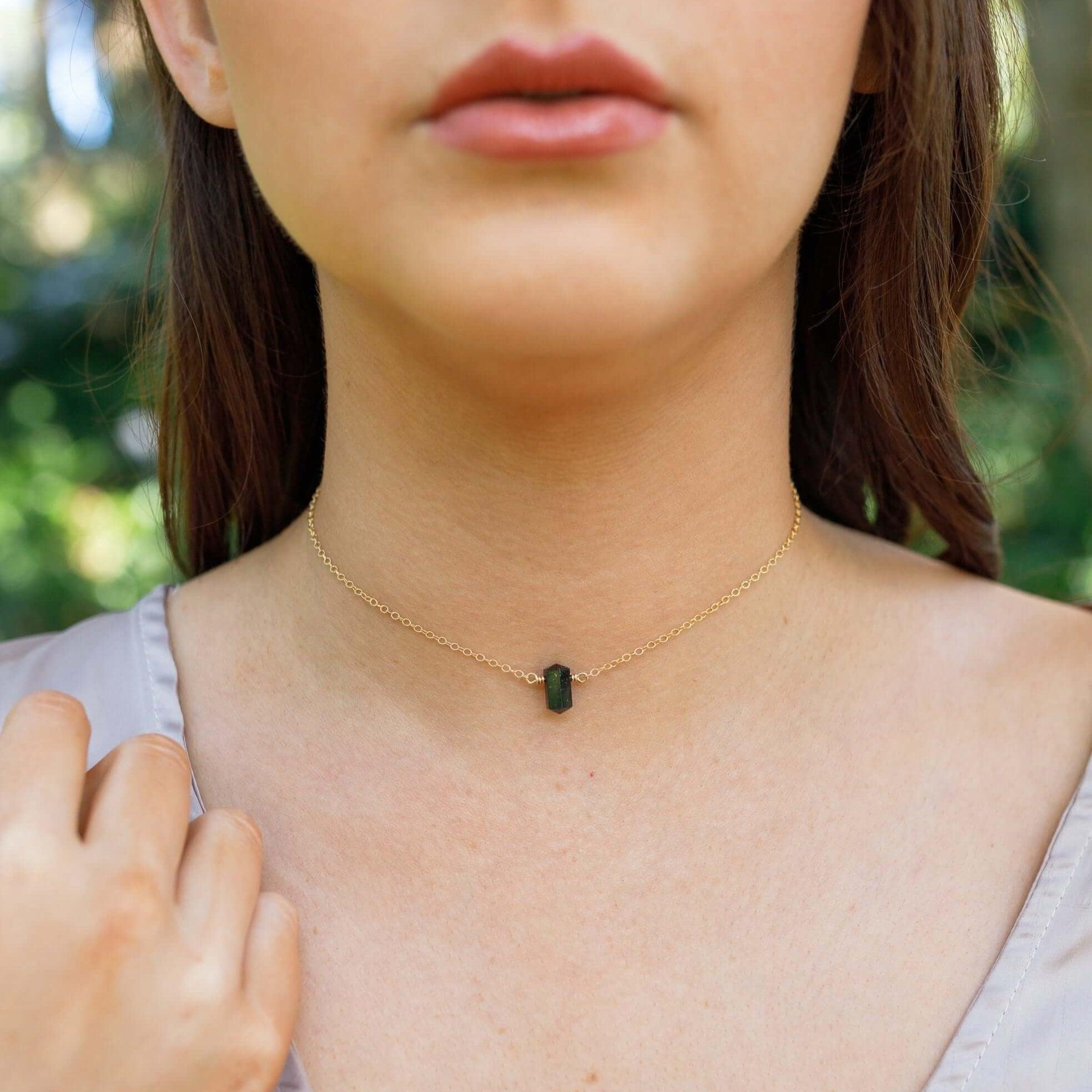 Double Terminated Black Tourmaline Mini Crystal Point Choker Necklace - Double Terminated Black Tourmaline Mini Crystal Point Choker Necklace - Sterling Silver - Luna Tide Handmade Crystal Jewellery