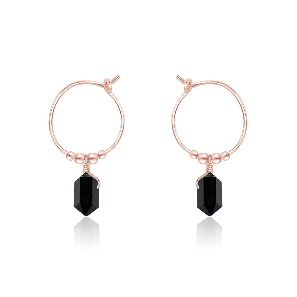 Double Terminated Black Tourmaline Mini Crystal Point Dangle Hoop Earrings - Double Terminated Black Tourmaline Mini Crystal Point Dangle Hoop Earrings - 14k Rose Gold Fill - Luna Tide Handmade Crystal Jewellery