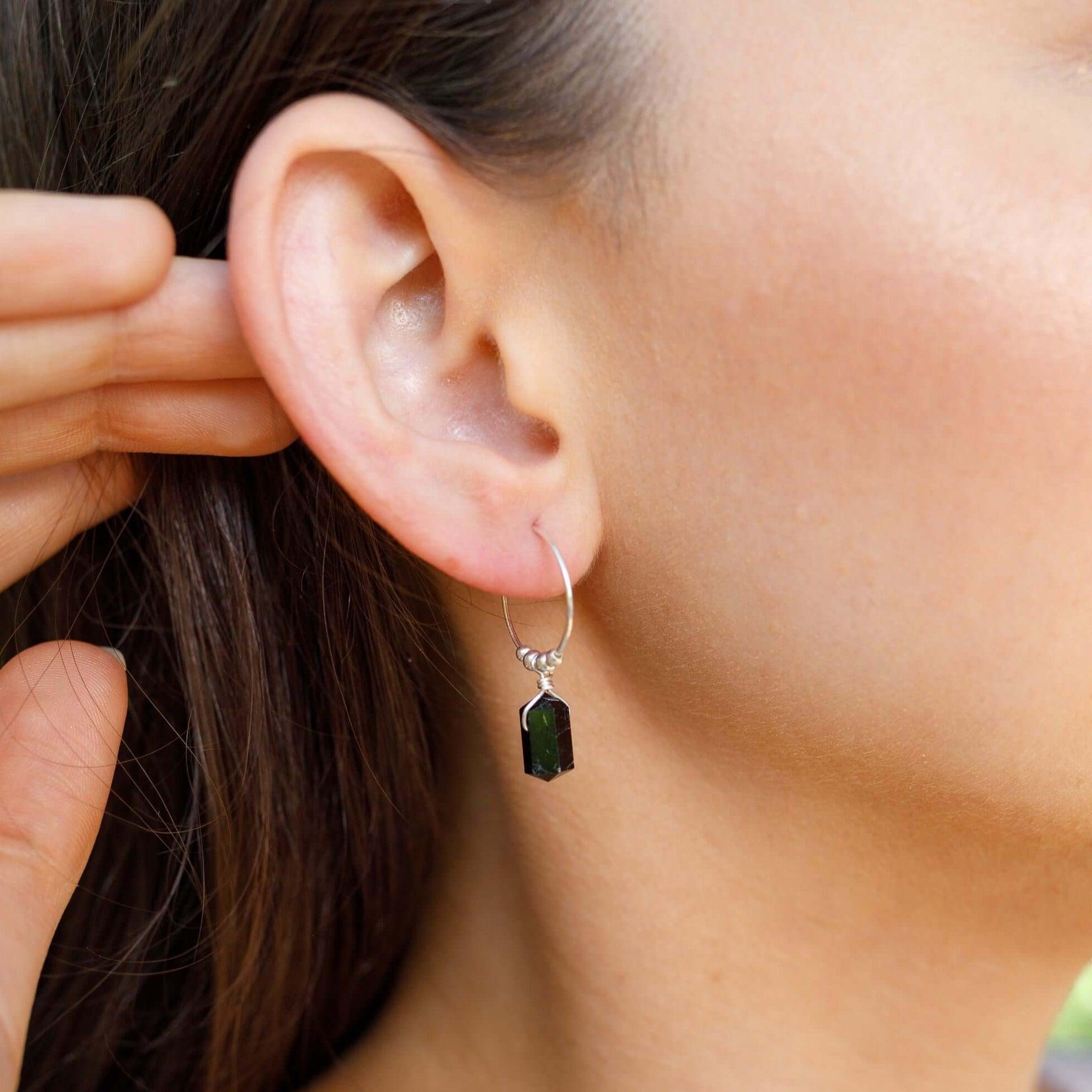 Double Terminated Black Tourmaline Mini Crystal Point Dangle Hoop Earrings - Double Terminated Black Tourmaline Mini Crystal Point Dangle Hoop Earrings - Sterling Silver - Luna Tide Handmade Crystal Jewellery