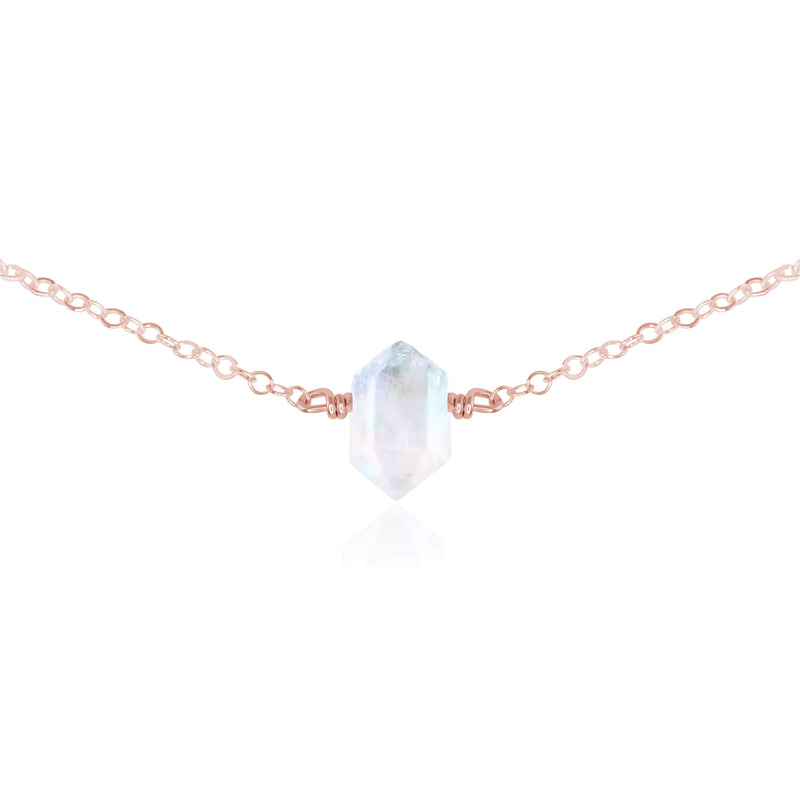 Double Terminated Crystal Choker - Rainbow Moonstone - 14K Rose Gold Fill - Luna Tide Handmade Jewellery