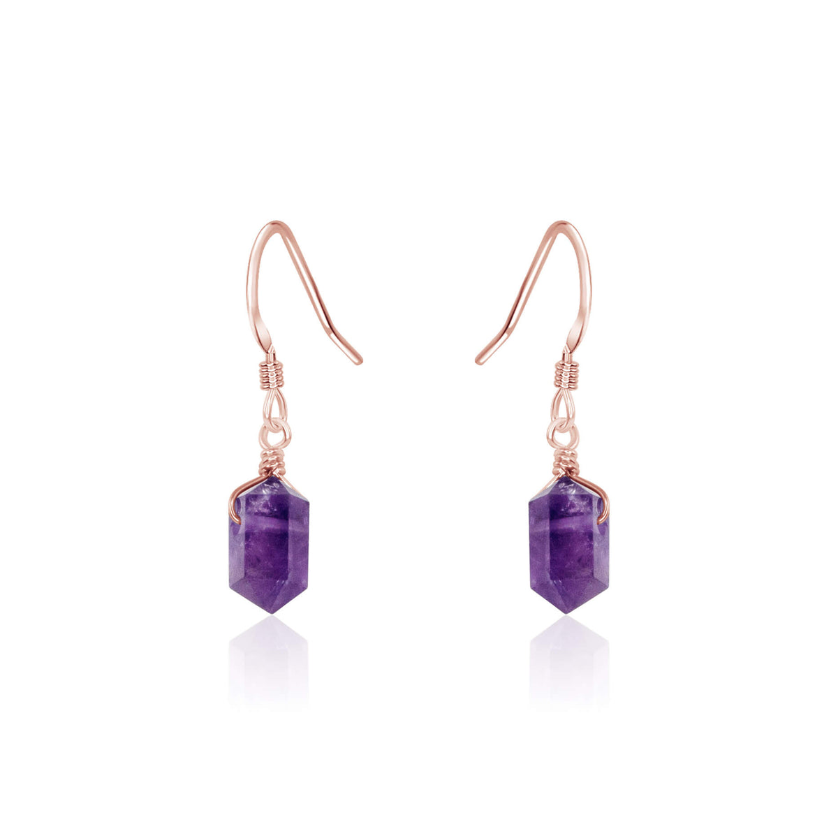 Double Terminated Crystal Dangle Drop Earrings - Amethyst - 14K Rose Gold Fill - Luna Tide Handmade Jewellery