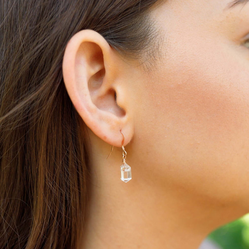 Double Terminated Crystal Dangle Drop Earrings - Crystal Quartz - 14K Rose Gold Fill - Luna Tide Handmade Jewellery