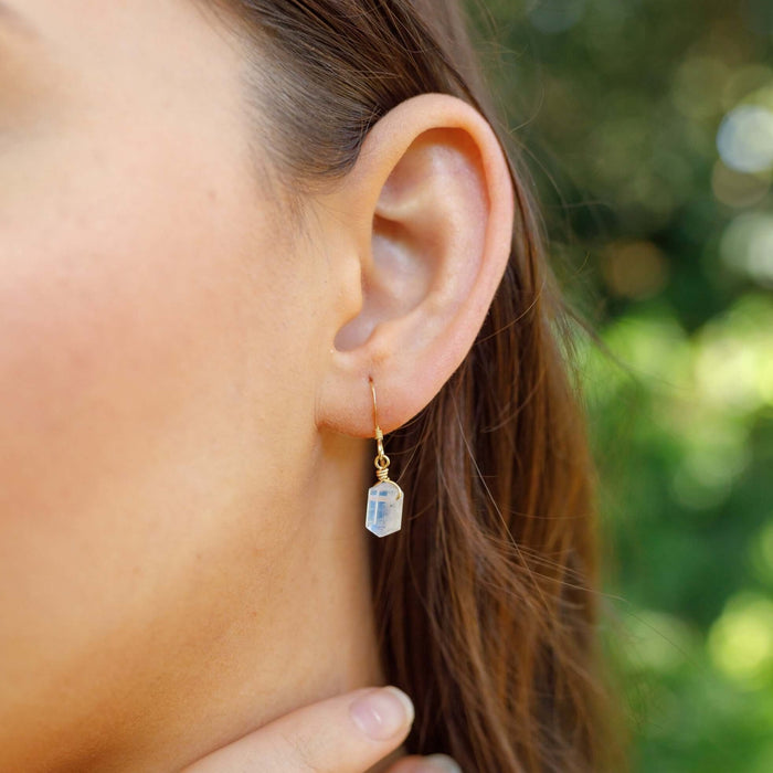 Double Terminated Crystal Dangle Drop Earrings - Rainbow Moonstone - 14K Gold Fill - Luna Tide Handmade Jewellery