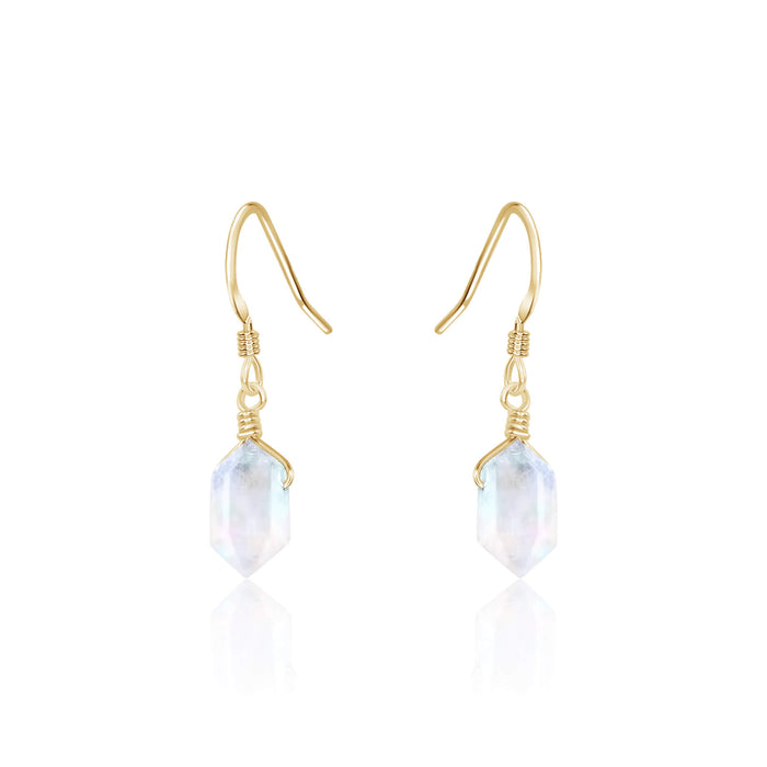 Double Terminated Crystal Dangle Drop Earrings - Rainbow Moonstone - 14K Gold Fill - Luna Tide Handmade Jewellery