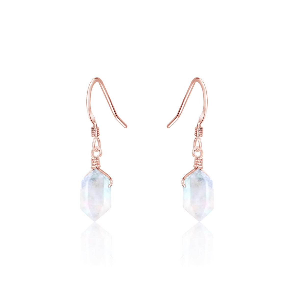 Double Terminated Crystal Dangle Drop Earrings - Rainbow Moonstone - 14K Rose Gold Fill - Luna Tide Handmade Jewellery