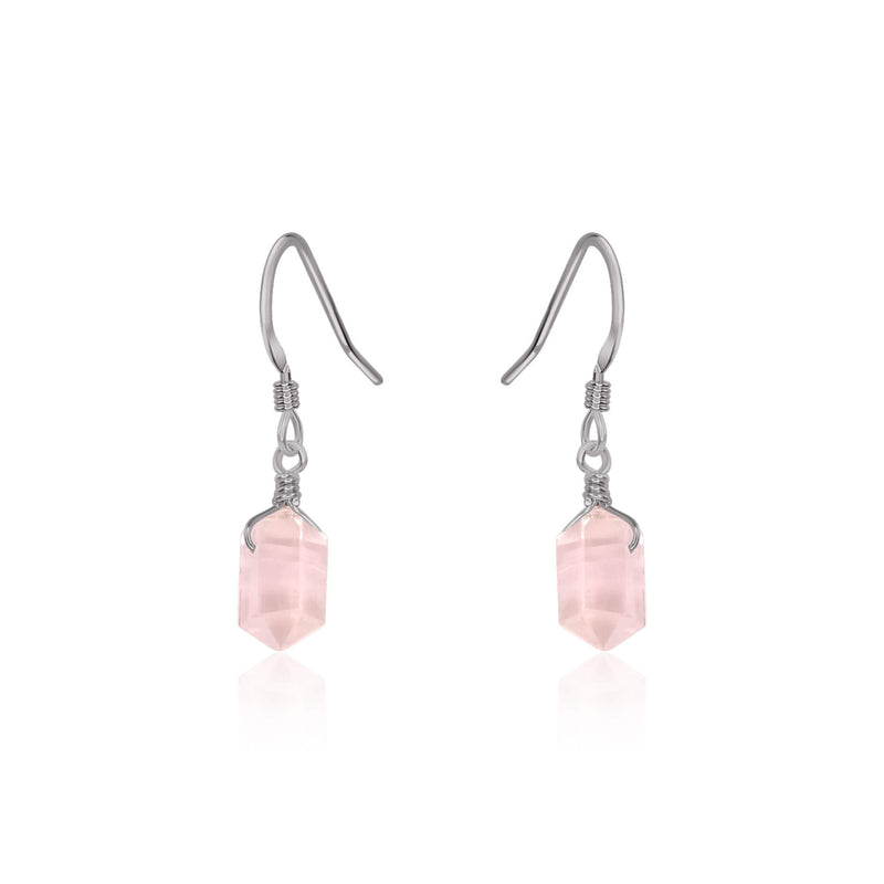 Double Terminated Crystal Dangle Drop Earrings - Rose Quartz - Stainless Steel - Luna Tide Handmade Jewellery