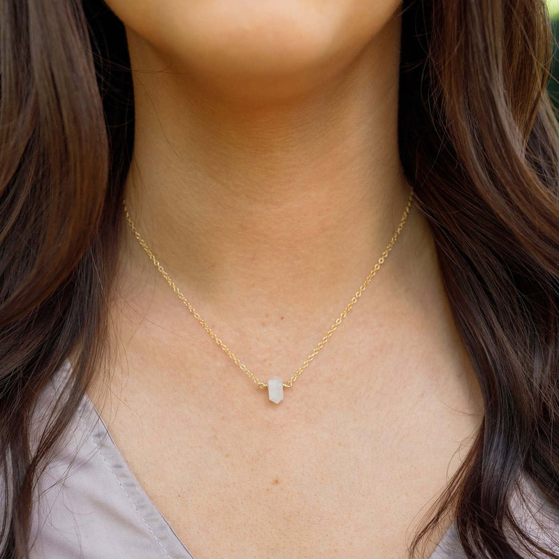Double Terminated Crystal Necklace - Rainbow Moonstone - 14K Gold Fill - Luna Tide Handmade Jewellery