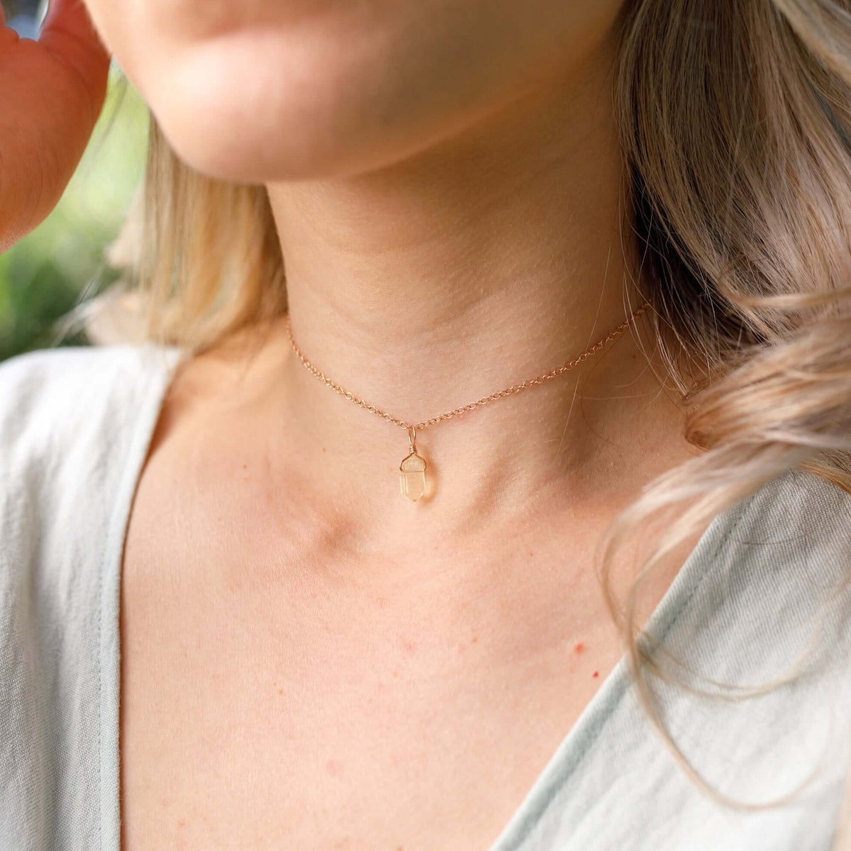 Double Terminated Crystal Pendant Choker - Citrine - 14K Rose Gold Fill - Luna Tide Handmade Jewellery