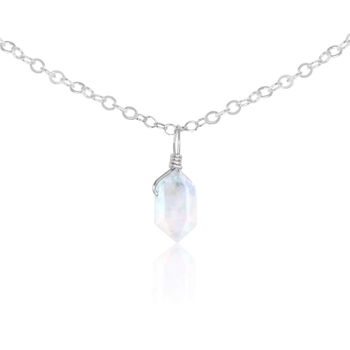 Double Terminated Crystal Pendant Choker - Rainbow Moonstone - Sterling Silver - Luna Tide Handmade Jewellery