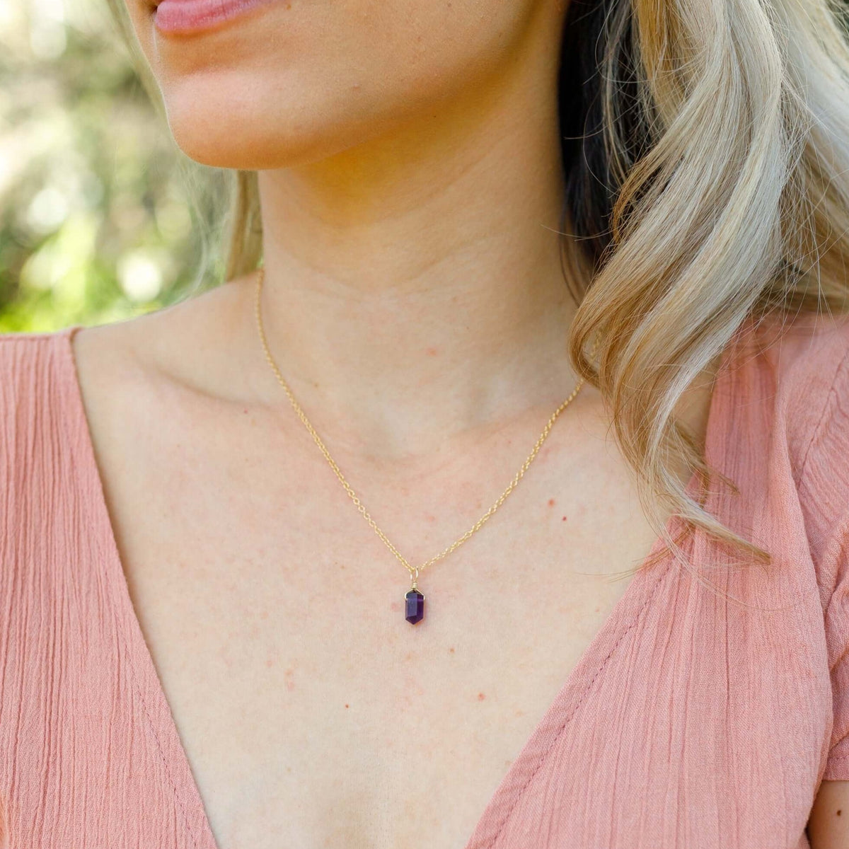 Double Terminated Crystal Pendant Necklace - Amethyst - 14K Gold Fill - Luna Tide Handmade Jewellery
