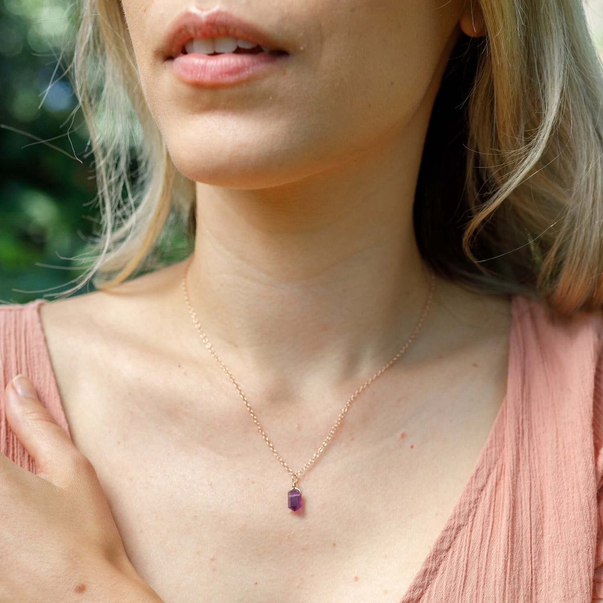 Double Terminated Crystal Pendant Necklace - Amethyst - 14K Rose Gold Fill - Luna Tide Handmade Jewellery