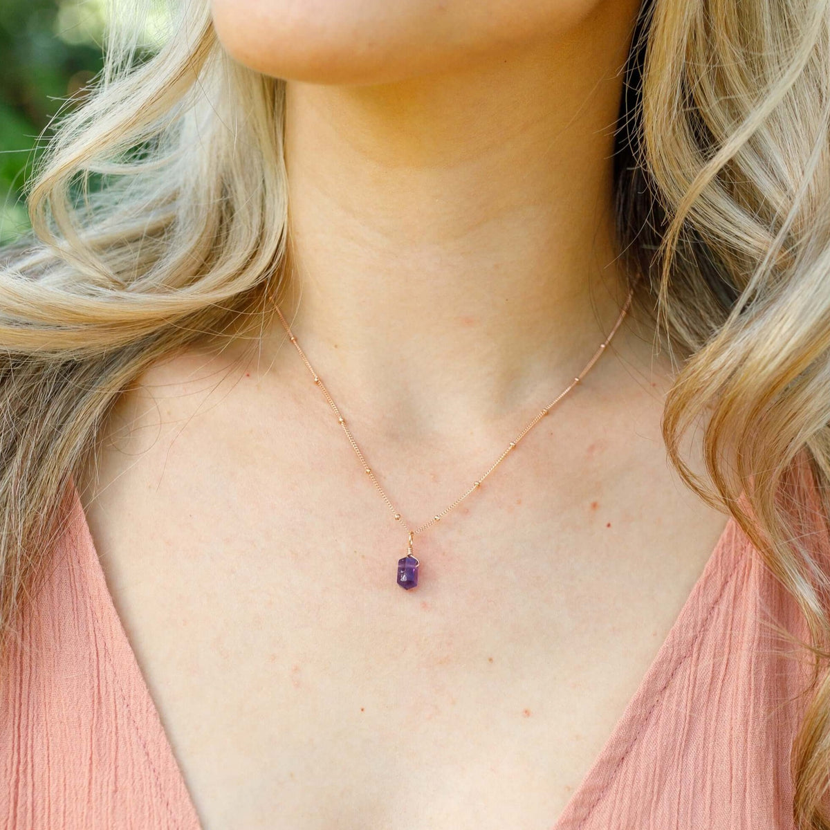 Double Terminated Crystal Pendant Necklace - Amethyst - 14K Rose Gold Fill Satellite - Luna Tide Handmade Jewellery