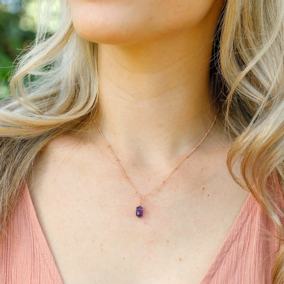Double Terminated Crystal Pendant Necklace - Amethyst - 14K Rose Gold Fill Satellite - Luna Tide Handmade Jewellery