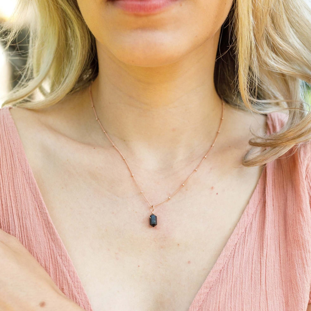 Double Terminated Crystal Pendant Necklace - Black Tourmaline - 14K Rose Gold Fill Satellite - Luna Tide Handmade Jewellery