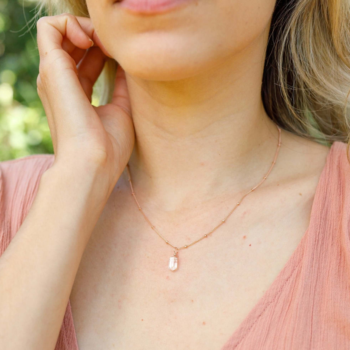 Double Terminated Crystal Pendant Necklace - Crystal Quartz - 14K Rose Gold Fill Satellite - Luna Tide Handmade Jewellery