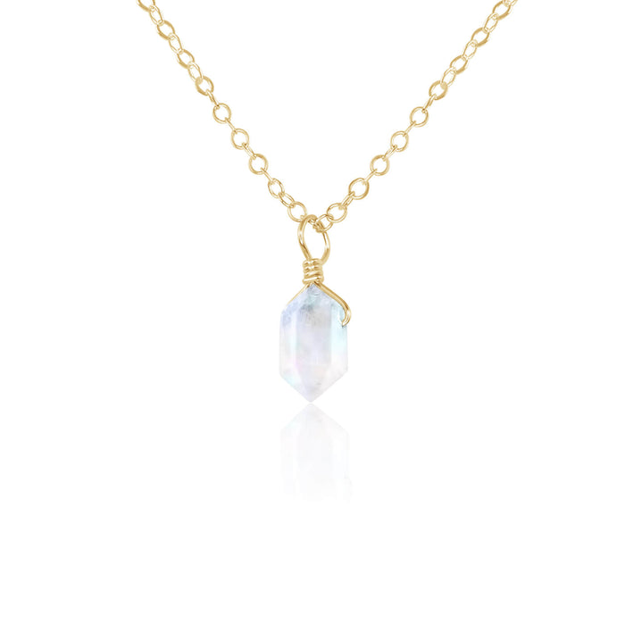 Double Terminated Crystal Pendant Necklace - Rainbow Moonstone - 14K Gold Fill - Luna Tide Handmade Jewellery