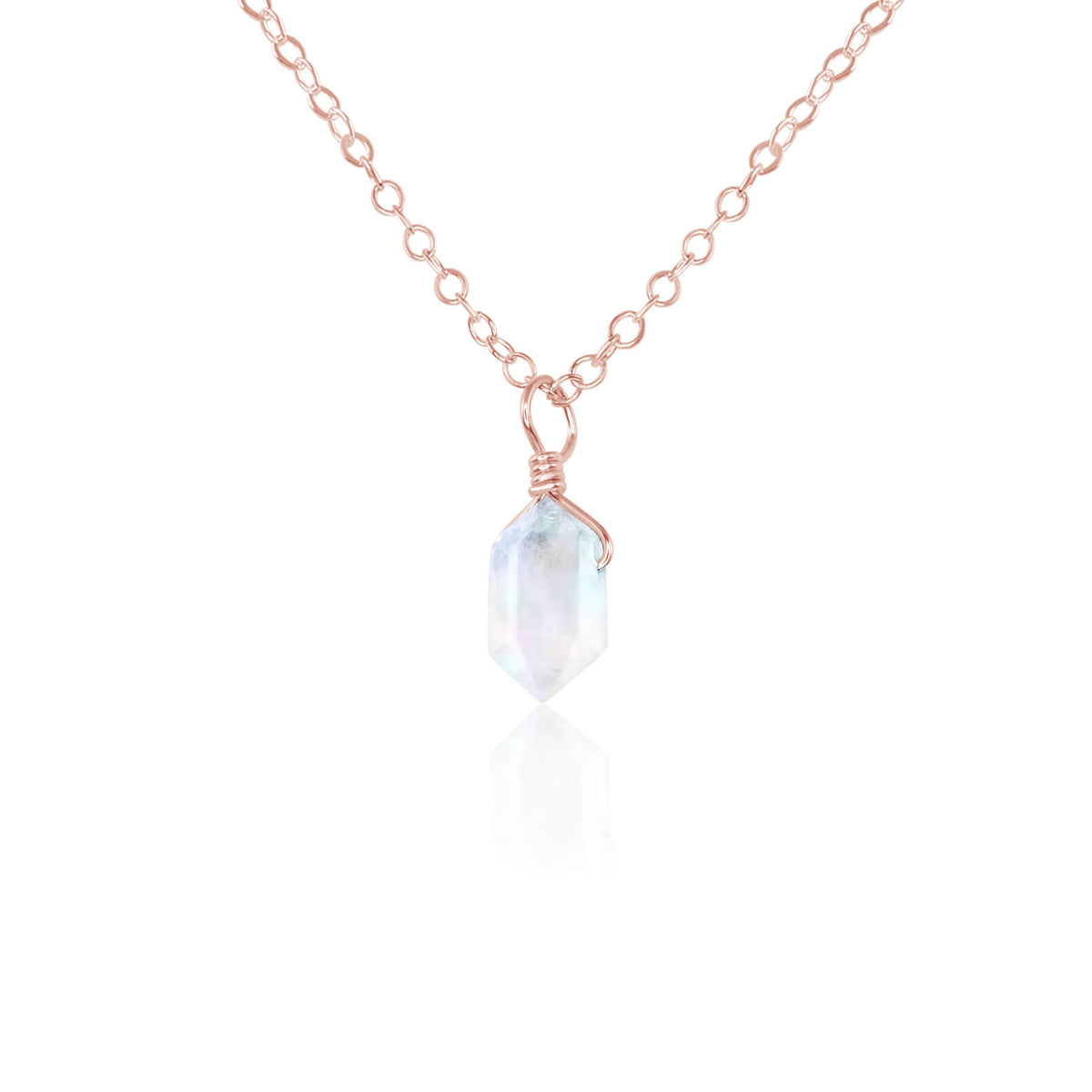 Double Terminated Crystal Pendant Necklace - Rainbow Moonstone - 14K Rose Gold Fill - Luna Tide Handmade Jewellery