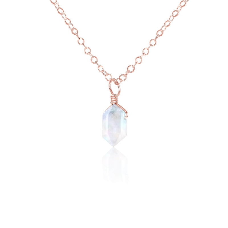 Double Terminated Crystal Pendant Necklace - Rainbow Moonstone - 14K Rose Gold Fill - Luna Tide Handmade Jewellery