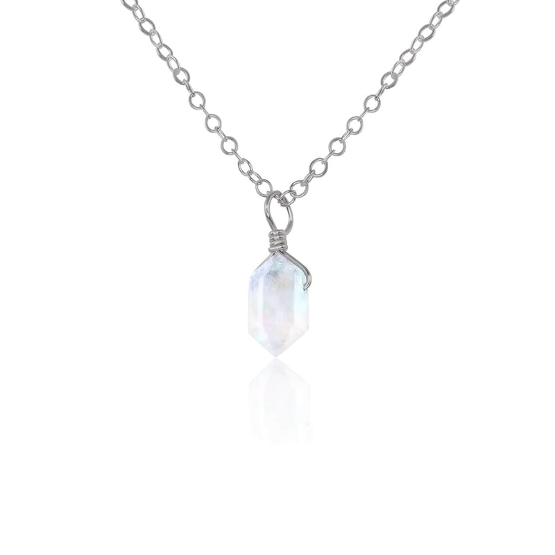 Double Terminated Crystal Pendant Necklace - Rainbow Moonstone - Stainless Steel - Luna Tide Handmade Jewellery