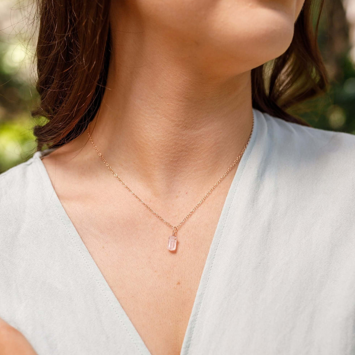 Double Terminated Crystal Pendant Necklace - Rose Quartz - 14K Rose Gold Fill - Luna Tide Handmade Jewellery