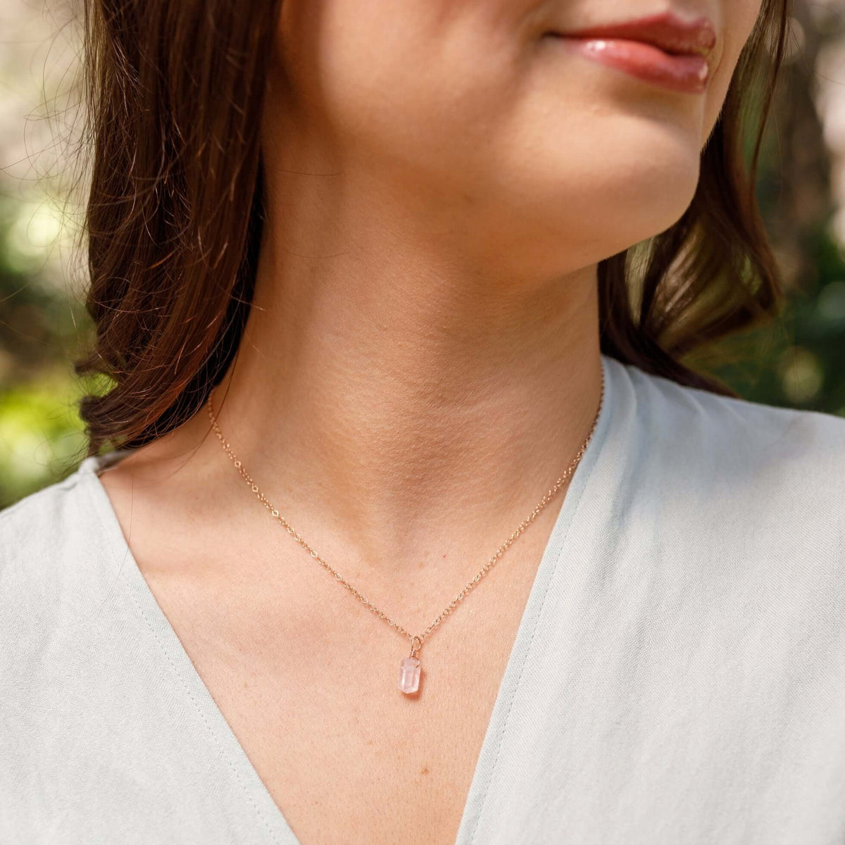 Double Terminated Crystal Pendant Necklace - Rose Quartz - 14K Rose Gold Fill - Luna Tide Handmade Jewellery