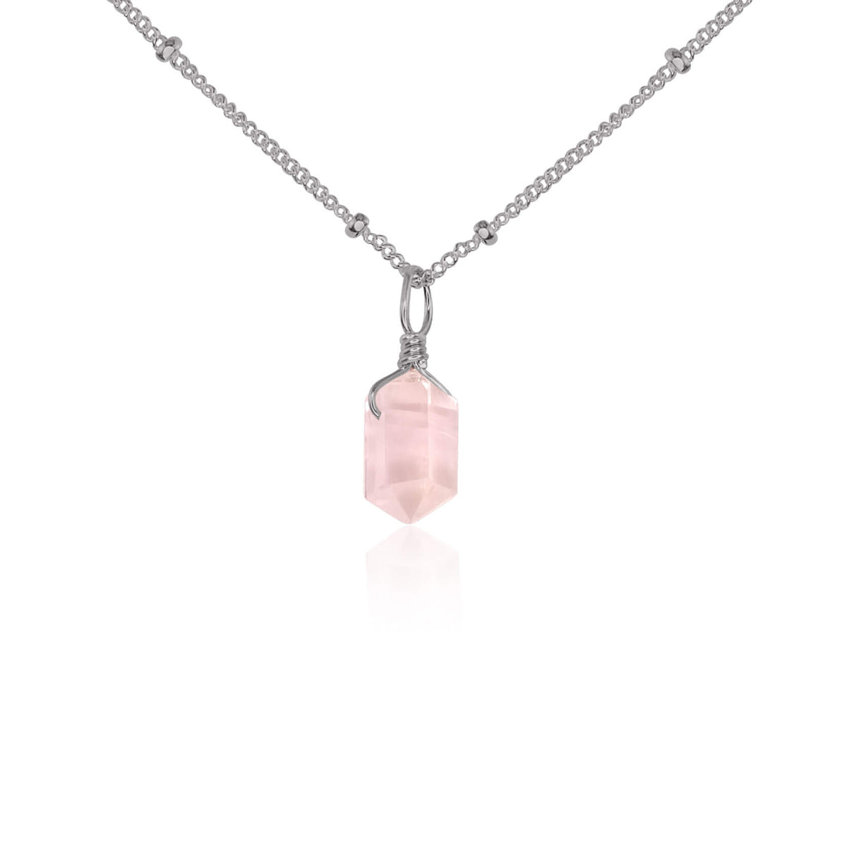 Double Terminated Crystal Pendant Necklace - Rose Quartz - Stainless Steel Satellite - Luna Tide Handmade Jewellery