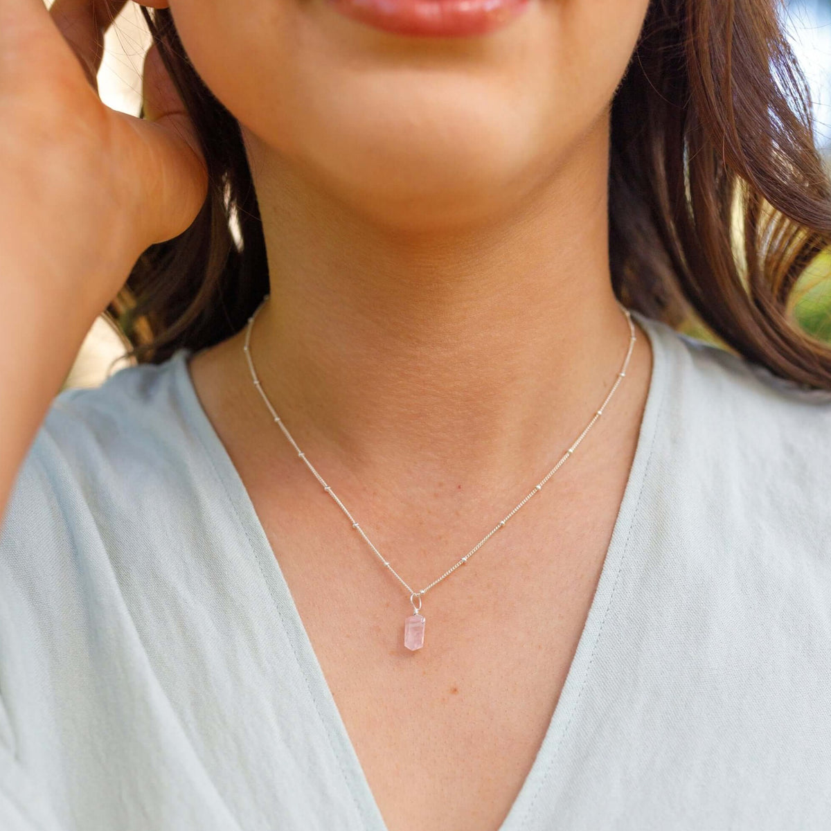 Double Terminated Crystal Pendant Necklace - Rose Quartz - Sterling Silver Satellite - Luna Tide Handmade Jewellery