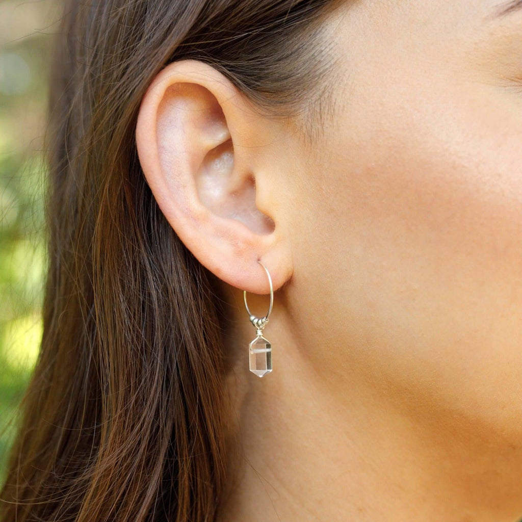 Double Terminated Crystal Quartz Mini Crystal Point Dangle Hoop Earrings - Double Terminated Crystal Quartz Mini Crystal Point Dangle Hoop Earrings - 14k Gold Fill - Luna Tide Handmade Crystal Jewellery