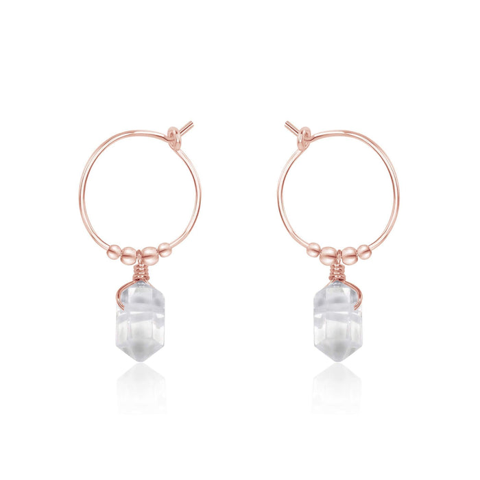Double Terminated Crystal Quartz Mini Crystal Point Dangle Hoop Earrings - Double Terminated Crystal Quartz Mini Crystal Point Dangle Hoop Earrings - 14k Rose Gold Fill - Luna Tide Handmade Crystal Jewellery