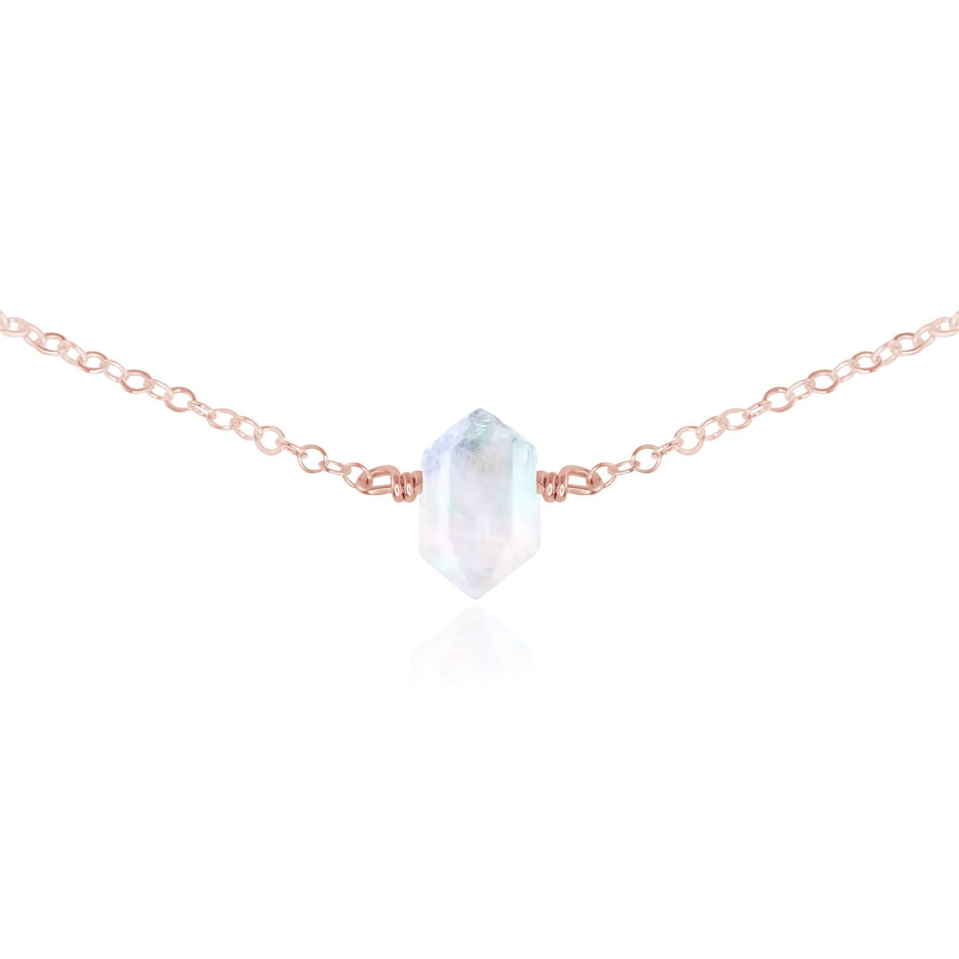 Double Terminated Rainbow Moonstone Mini Crystal Point Choker Necklace - Double Terminated Rainbow Moonstone Mini Crystal Point Choker Necklace - 14k Rose Gold Fill - Luna Tide Handmade Crystal Jewellery
