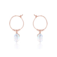 Tiny Double Terminated Crystal Hoop Dangle Earrings - Rainbow Moonstone - 14K Rose Gold Fill - Luna Tide Handmade Jewellery