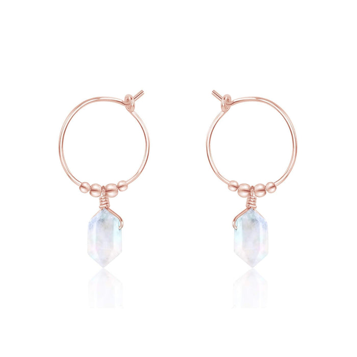 Double Terminated Rainbow Moonstone Mini Crystal Point Dangle Hoop Earrings - Double Terminated Rainbow Moonstone Mini Crystal Point Dangle Hoop Earrings - 14k Rose Gold Fill - Luna Tide Handmade Crystal Jewellery